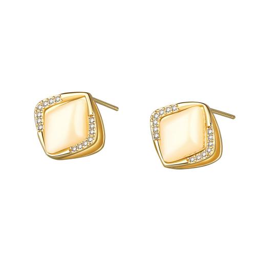 Cubic Zirconia Micro Pave Brass Earring, with Cats Eye, Rhombus, gold color plated, fashion jewelry & micro pave cubic zirconia & for woman 