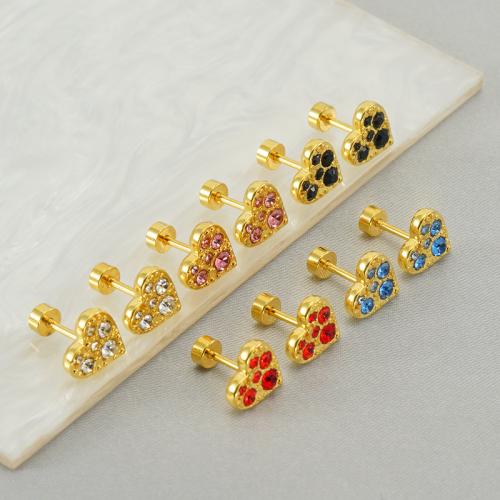 Stainless Steel Rhinestone Stud Earring, 304 Stainless Steel, Heart, gold color plated, for woman & with rhinestone 