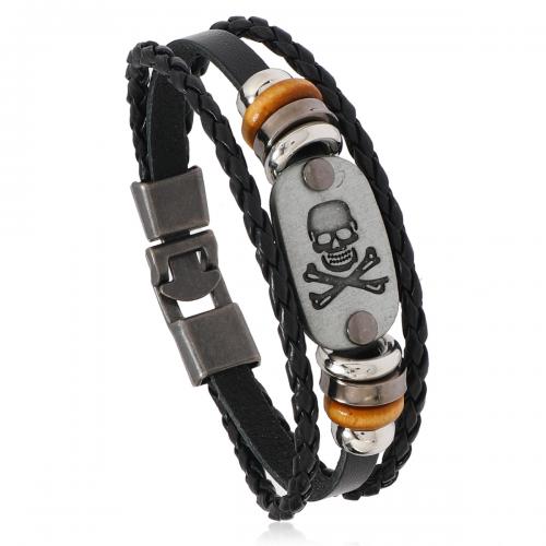 PU Leather Cord Bracelets, Zinc Alloy, with Split Layer Cowhide Leather & PU Leather Cord & Copper Coated Plastic, handmade, three layers & fashion jewelry & for man, black .9 Inch Approx 7.8 Inch 