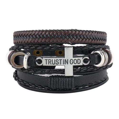 PU Leather Cord Bracelets, Zinc Alloy, with PU Leather Cord & Wax Cord & Wood & Copper Coated Plastic, handmade, three pieces & fashion jewelry & for man 