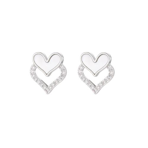 Rhinestone Brass Stud Earring, with Shell, Heart, fashion jewelry & for woman & with rhinestone 