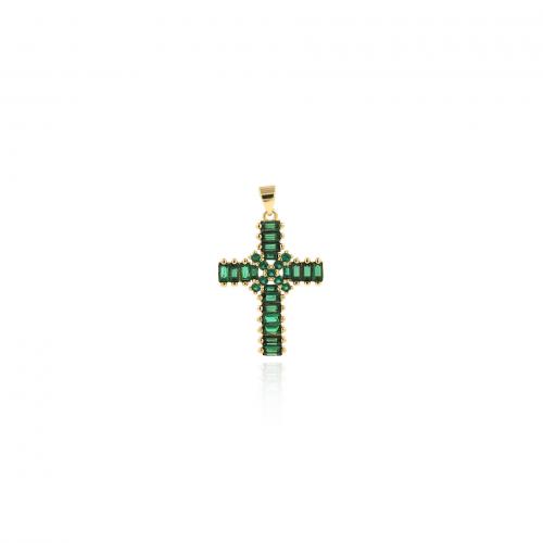 Cubic Zirconia Micro Pave Brass Pendant, Cross, 18K gold plated, fashion jewelry & DIY & micro pave cubic zirconia, green 
