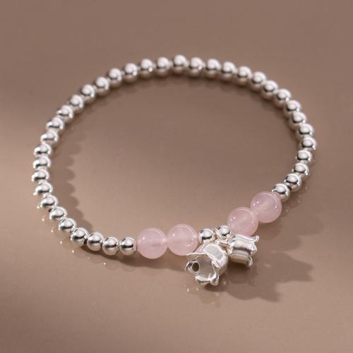 Sterling Silver Bracelets, 925 Sterling Silver, with Rose Quartz, Flower, handmade, fashion jewelry & elastic & for woman Approx 16-25 cm 
