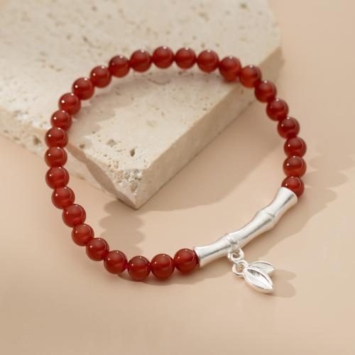 Bracelets Agate en rouge, Argent sterling 925, avec agate rouge, feuille, fait à la main, bijoux de mode & élastique & pour femme Environ 15-24 cm, Vendu par PC