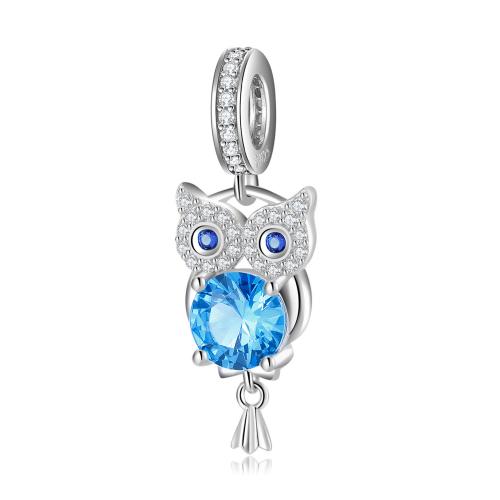 Sterling Silver European Pendants, 925 Sterling Silver, Owl, DIY & micro pave cubic zirconia Approx 4.5mm 