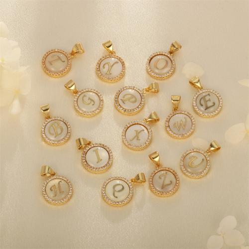 Letter Brass Pendants, with Cubic Zirconia & Shell, Round, gold color plated, DIY 