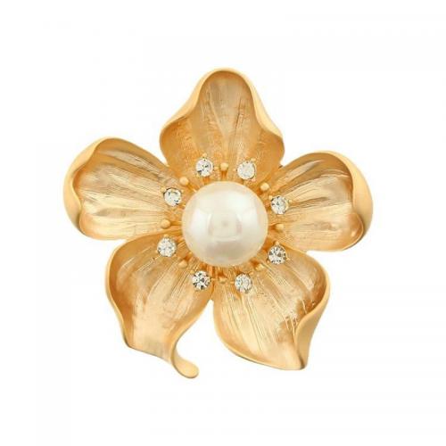 Plastic Pearl Brooch, Zinc Alloy, with Czech Rhinestone & Plastic Pearl, Flower, fashion jewelry & for woman, golden 