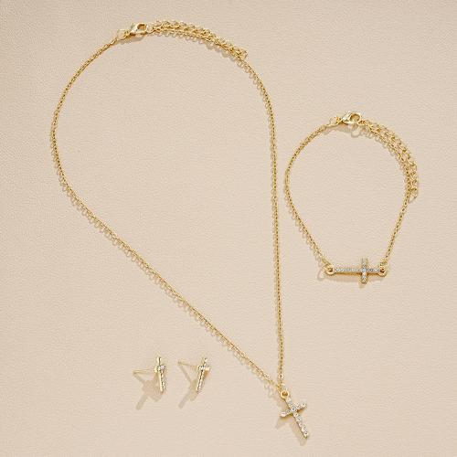 Fashion Zinc Alloy Jewelry Sets, Stud Earring & bracelet & necklace, with Crystal, Cross, three pieces & fashion jewelry & for woman, golden 