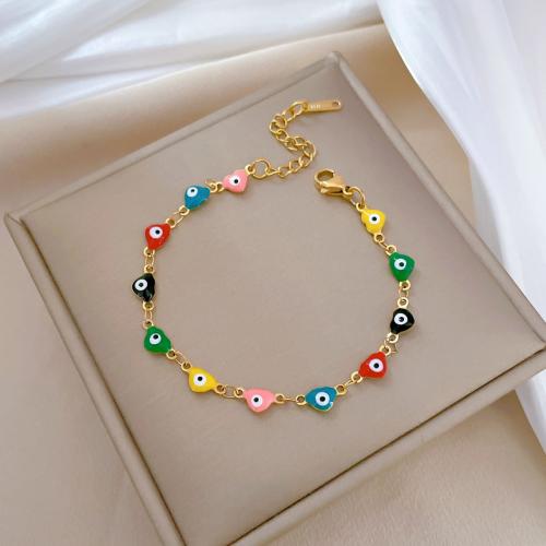 Titanium Steel Bracelet, with 1.4inch extender chain, Evil Eye, gold color plated, for woman & enamel Approx 6.3 Inch 