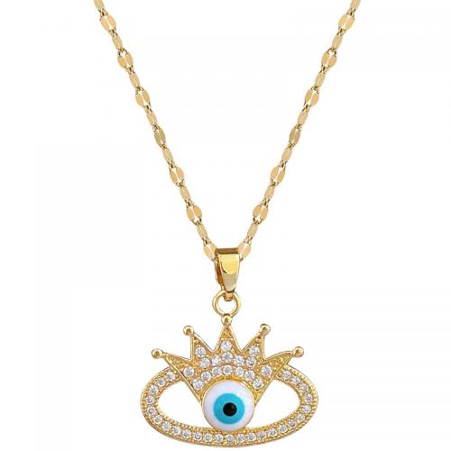 Titanium Steel Necklace, with Brass, with 2inch extender chain, Evil Eye, gold color plated, for woman & enamel & with rhinestone & hollow Approx 15.7 Inch 