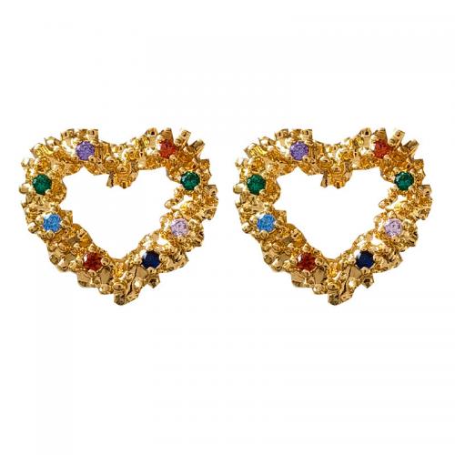 Cubic Zirconia Micro Pave Brass Earring, Heart, real gold plated, fashion jewelry & micro pave cubic zirconia & for woman & hollow, golden 