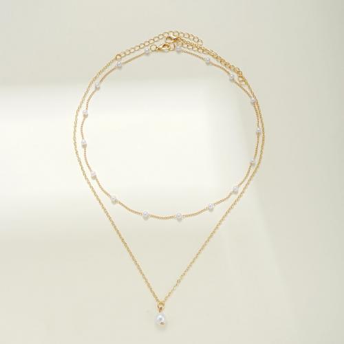 Zinc Alloy Necklace, with Plastic Pearl, plated, Double Layer & for woman, golden 