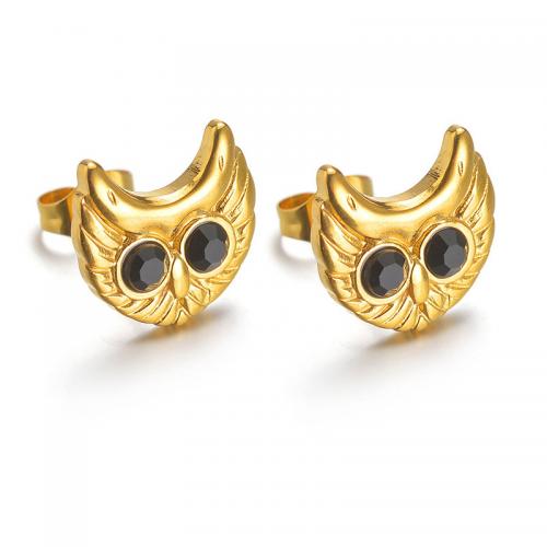 Stainless Steel Rhinestone Stud Earring, 304 Stainless Steel, Owl, Vacuum Ion Plating, fashion jewelry & for woman & with rhinestone, golden 