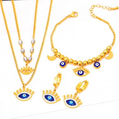 Evil Eye Jewelry Set, Titanium Steel & for woman & enamel & with rhinestone, golden 