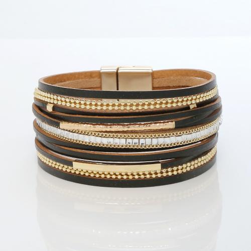 PU Leather Cord Bracelets, with 304 Stainless Steel, multilayer & for woman & with rhinestone, black, 25mm Approx 19.5 cm 