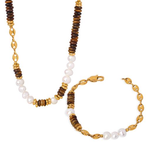Titanium Steel Jewelry Set, with Tiger Eye & Freshwater Pearl, handmade & for woman, golden 