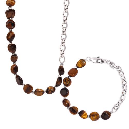 Titanium Steel Jewelry Set, with Tiger Eye, handmade & for woman, original color 