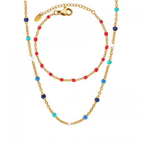 Enamel Stainless Steel Jewelry Sets, Titanium Steel & for woman Bracelet-17cm tail chain 5cm, necklace 46cm 