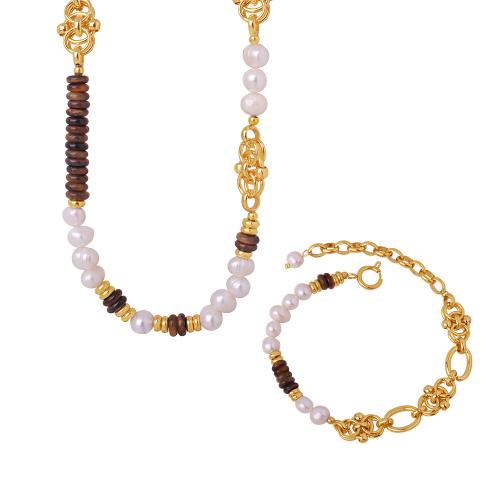 Natural Freshwater Pearl Jewelry Sets, Titanium Steel, with Tiger Eye & Freshwater Pearl, handmade & for woman, golden 