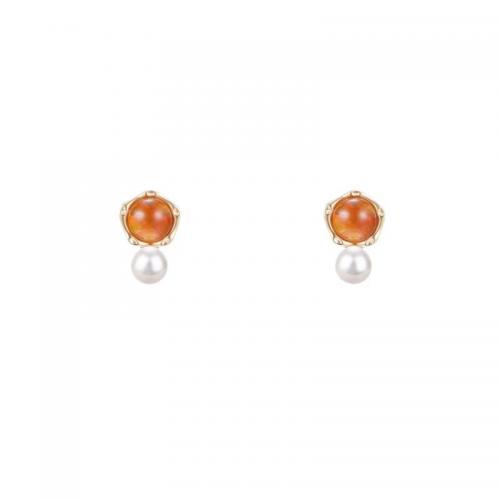Zinc Alloy Stud Earring, with Plastic Pearl, gold color plated, fashion jewelry & for woman, 10mm 