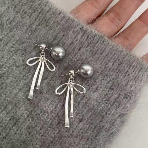 Zinc Alloy Drop Earring, with Plastic Pearl, Bowknot, silver color plated, fashion jewelry & for woman, 40mm 