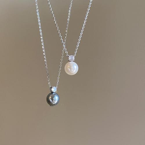 Zinc Alloy Necklace, with Glass Pearl, Round, silver color plated, micro pave cubic zirconia & for woman Approx 16 Inch 