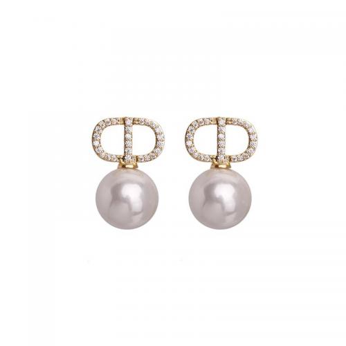 Zinc Alloy Stud Earring, with Plastic Pearl, Round, plated, for woman & with rhinestone & hollow 