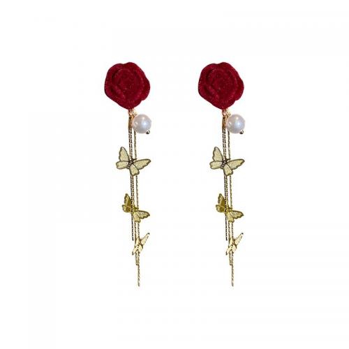 Zinc Alloy Tassel Earring, with Velour & Plastic Pearl, Flower, gold color plated, fashion jewelry & for woman 