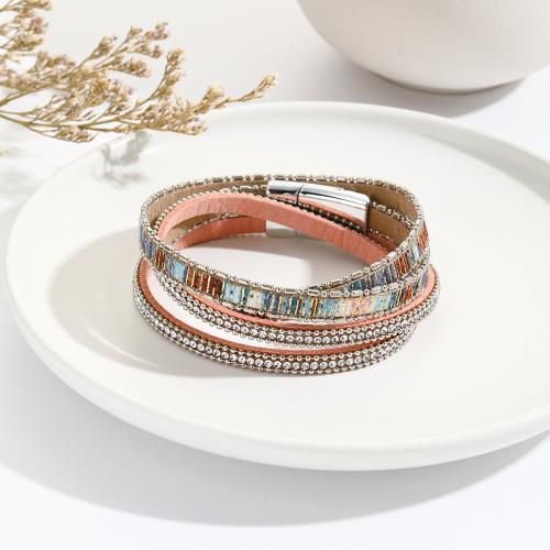 PU Leather Cord Bracelets, with Zinc Alloy, multilayer & for woman & with rhinestone 18mm Approx 40 cm 