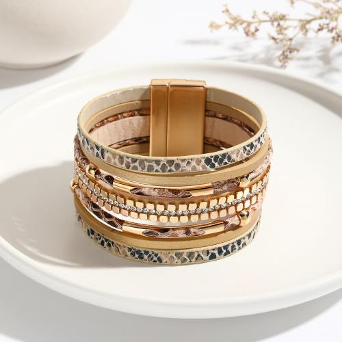 PU Leather Cord Bracelets, with Magnet, multilayer & for woman & with rhinestone, khaki, 35mm Approx 19.5 cm 