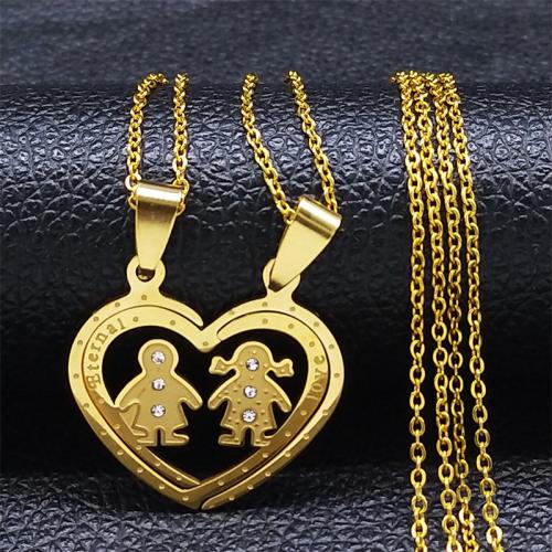 Couple Stainless Steel Necklace, 304 Stainless Steel, Heart, polished, fashion jewelry & Unisex & with rhinestone Approx 50 cm 