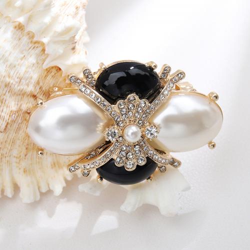 Broche de perlas plástica, aleación de zinc, con Perlas plásticas, chapado en color dorado, para mujer & con diamantes de imitación, Negro, 55x36mm, Vendido por UD