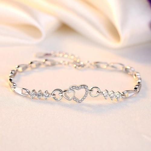 Cupronickel Bracelet, with 1.2inch extender chain, Heart, platinum plated, for woman & with rhinestone & hollow Approx 6.3 Inch 
