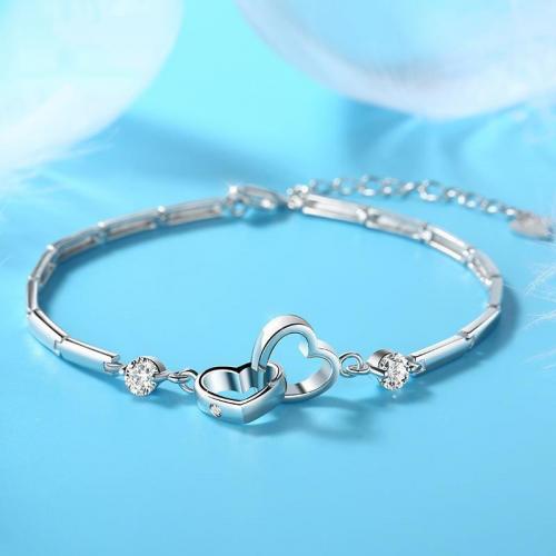laiton bracelet, avec 1.2inch chaînes de rallonge, coeur, Plaqué de platine, pour femme & avec strass & creux Environ 6.3 pouce, Vendu par PC