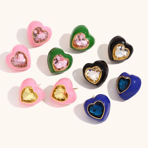 Stainless Steel Rhinestone Stud Earring, 316L Stainless Steel, Heart, 18K gold plated, for woman & enamel & with rhinestone 