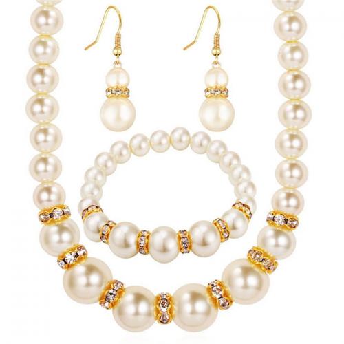 Jewelry Gift Sets, ABS Plastic Pearl, bracelet & earring & necklace, three pieces & for woman & with rhinestone necklace 43cm, Bracelet 19.2cm, earring 4.2cm 