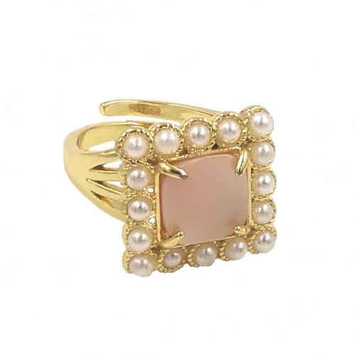 Shell Finger Ring, Brass, with Shell & Plastic Pearl, Square, gold color plated, Adjustable & fashion jewelry & for woman US Ring 