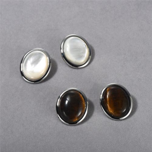 Gemstone Stud Earring, Brass, with Tiger Eye & White Shell, platinum plated, fashion jewelry & for woman 