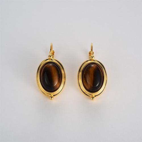 Gemstone Drop Earring, Brass, with Tiger Eye, 18K gold plated, fashion jewelry & for woman 