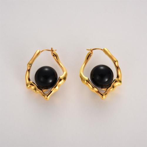 Agate Dangle boucle d'oreille, laiton, avec agate noire, Plaqué d'or 18K, bijoux de mode & pour femme Vendu par paire