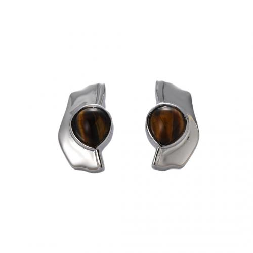 Gemstone Stud Earring, metal, con Ojo de tigre, chapado en oro de 18 K, Joyería & para mujer, 21.7x13.1mm, Vendido por Par