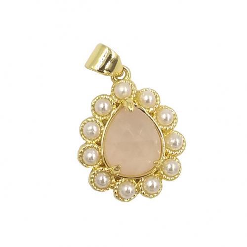 Gemstone Brass Pendants, with Natural Stone & Plastic Pearl, Teardrop, gold color plated, DIY 