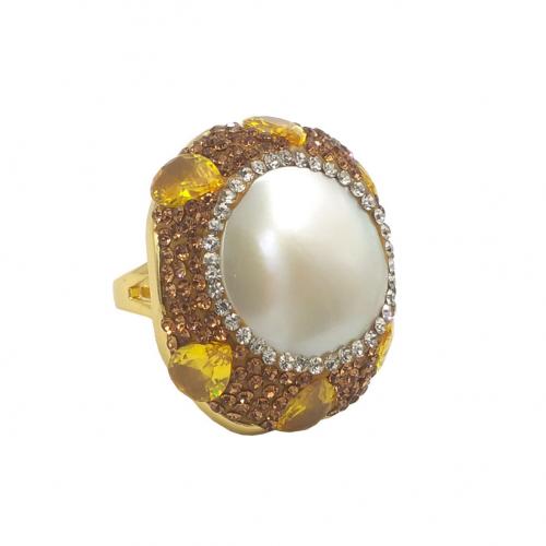 Cultured Freshwater Pearl Finger Ring, Brass, with Quartz & pearl & Shell, gold color plated, Adjustable & fashion jewelry & micro pave cubic zirconia & for woman US Ring 
