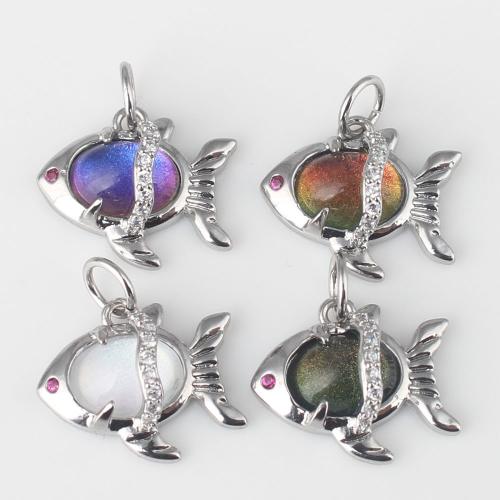 Glass Brass Pendants, with Glass, Fish, silver color plated, DIY & micro pave cubic zirconia 