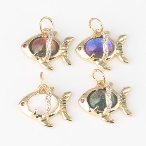 Glass Brass Pendants, with Glass, Fish, gold color plated, DIY & micro pave cubic zirconia 