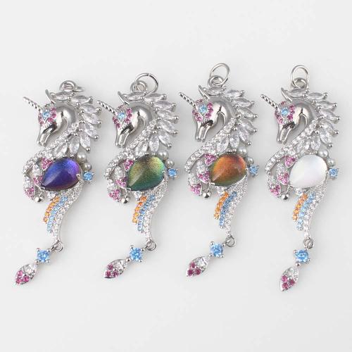 Glass Brass Pendants, with Glass, Unicorn, silver color plated, DIY & micro pave cubic zirconia 