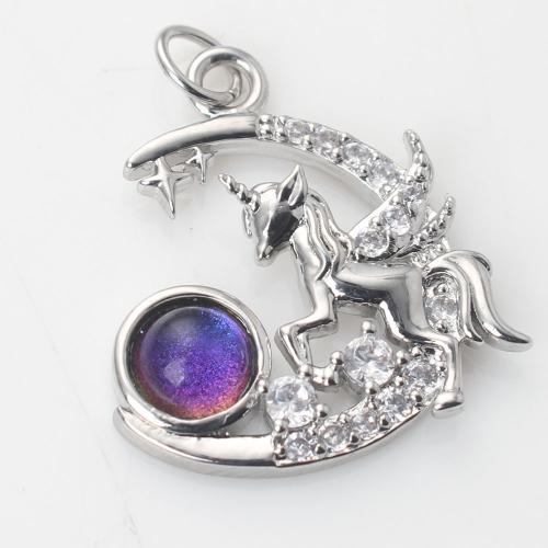 Glass Brass Pendants, with Glass, Unicorn, silver color plated, DIY & micro pave cubic zirconia 