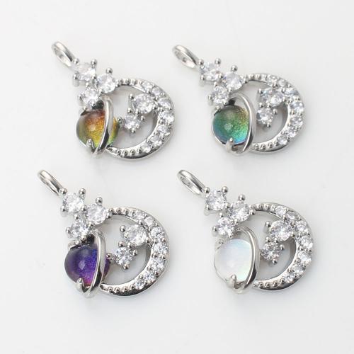 Glass Brass Pendants, with Glass, Moon, silver color plated, DIY & micro pave cubic zirconia 
