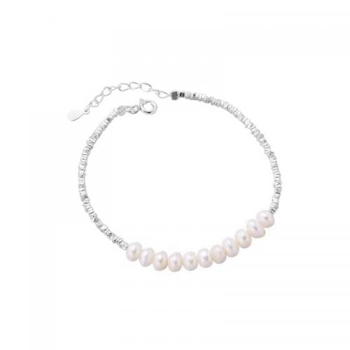 Pearl Sterling Silver Bracelets, 925 Sterling Silver, with Freshwater Pearl, with 5CM extender chain, polished, for woman, silver color Approx 16 cm 