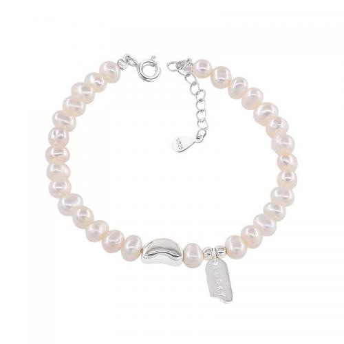 Pearl Sterling Silver Bracelets, 925 Sterling Silver, with Freshwater Pearl, with 5CM extender chain, polished, for woman, silver color Approx 15 cm 